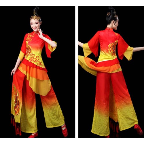 Women's Chinese folk dance costumes red with yellow ancient traditional classical stage performance yangko drummer dan dance dresses